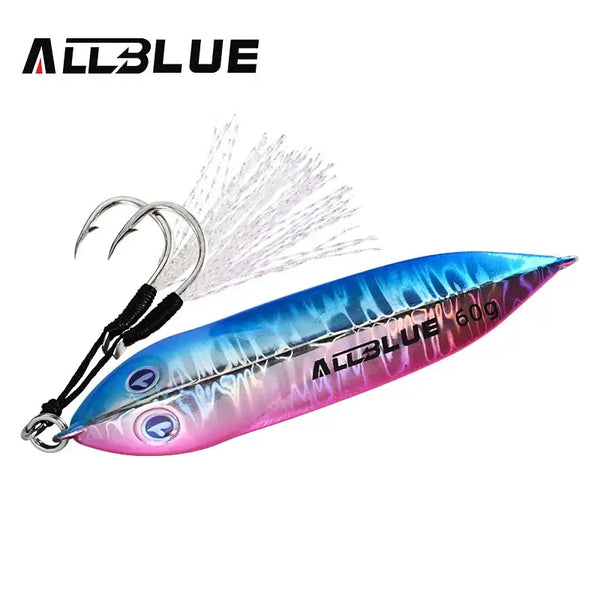 Metal jigging spoon with blue-and-pink gradient body, silver feather tail, and treble hooks.