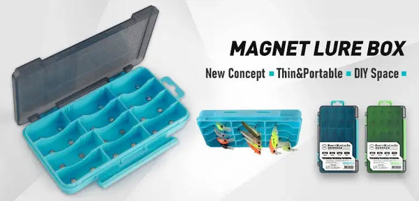 Thin lure storage box set in blue with open base tray and small divider inserts