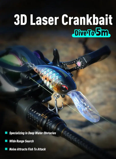Crankbait lure with blue scale body, red eye, clear lip, and treble hooks