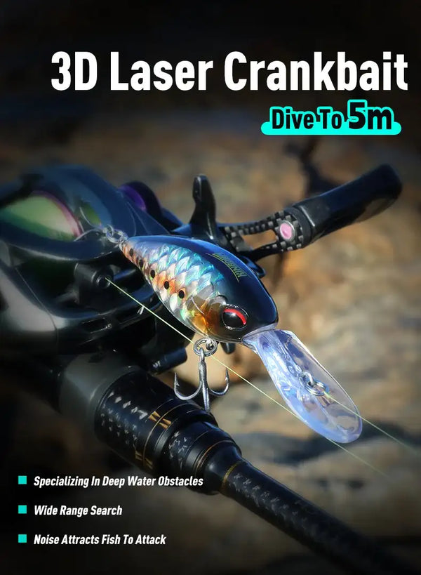 Crankbait lure with blue scale body, red eye, clear lip, and treble hooks