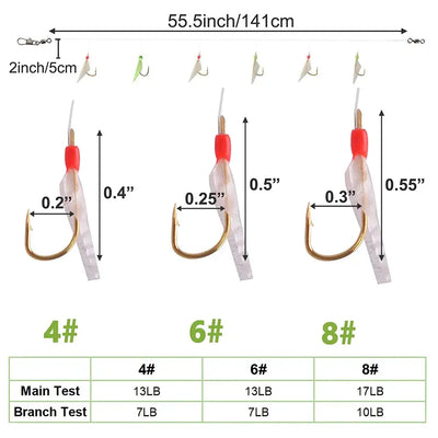 Fishing rig size chart showing 4#, 6#, and 8# hooks with red and clear bodies and measurements.