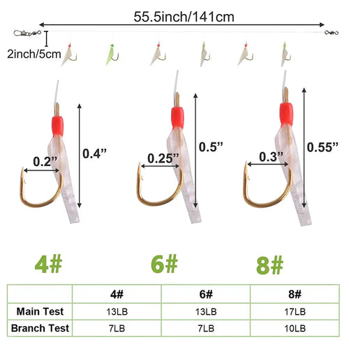 Fishing rig size chart showing 4#, 6#, and 8# hooks with red and clear bodies and measurements.