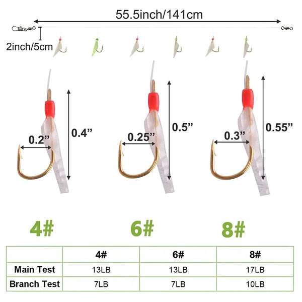 Fishing rig size chart showing 4#, 6#, and 8# hooks with red and clear bodies and measurements.