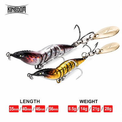Metal spinner shrimp fishing lure, gold and silver body with spoon blades and hooks