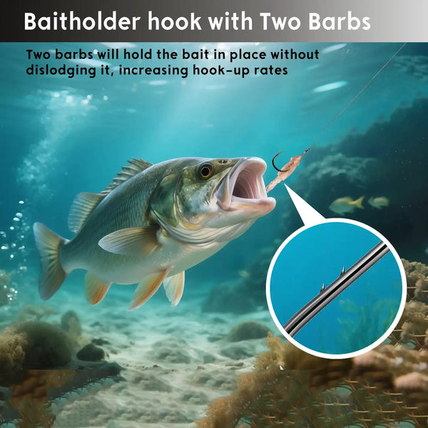 Black baitholder fishing hook with two barbs and barbed sharp point for bait holding