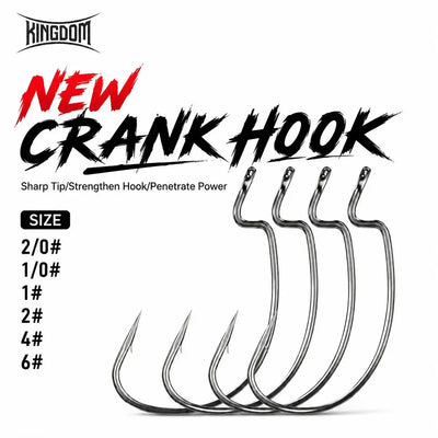 Crank fishing hooks, set of multiple black nickel hooks with wide crank shank