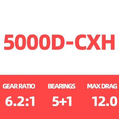 5000D-CXH spec card: gear ratio 6.2:1, 5+1 bearings, max drag 12.0