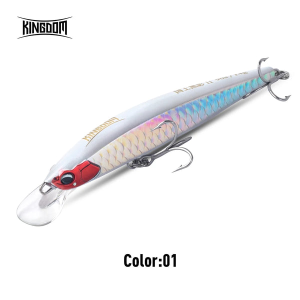 Sinking minnow diving lure, red head with iridescent scales and silver treble hooks