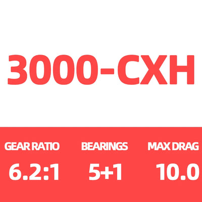 Fishing reel 3000-CXH spec: gear ratio 6.2:1, 5+1 bearings, max drag 10.0