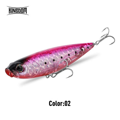Floating fishing lure, pink iridescent pencil bait with black spots and treble hooks
