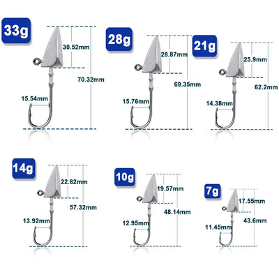 Triangle jig head long hooks in multiple weights, size diagram with labeled heads