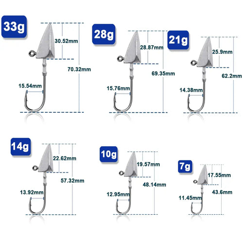 Triangle jig head long hooks in multiple weights, size diagram with labeled heads