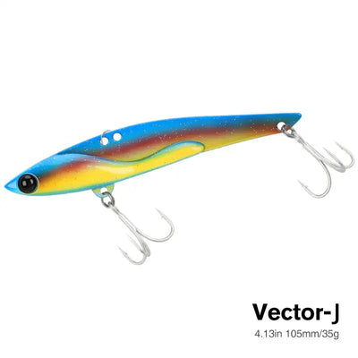 Metal vibration fishing hard bait lure, blue and yellow gradient with black eye and three treble hooks.
