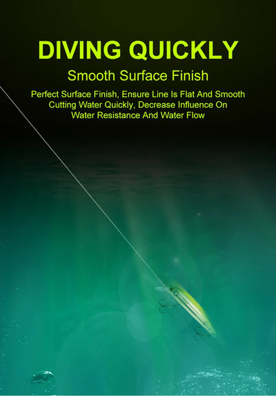 Thin clear fishing line with smooth surface, designed for quick diving