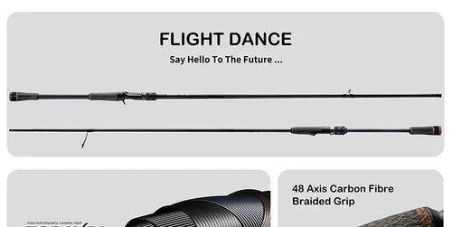 Spinning fishing rod with dark handle and line guides shown in profile view.