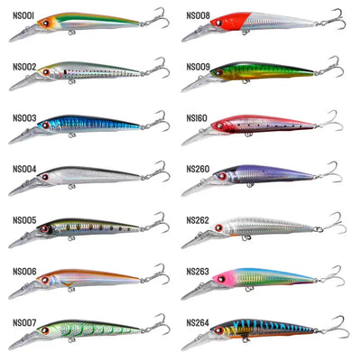 Set of sinking minnow fishing lures in multiple colors with screw-eye and treble hooks