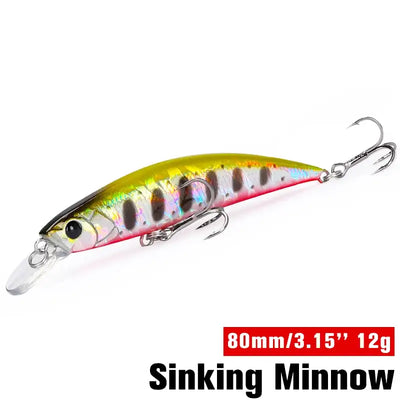 Lime and pink sinking minnow lure with treble hooks, 80mm/12g