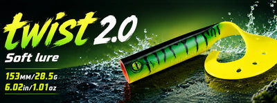 Yellow-green soft lure with curled tail, shown with hook in splashing water