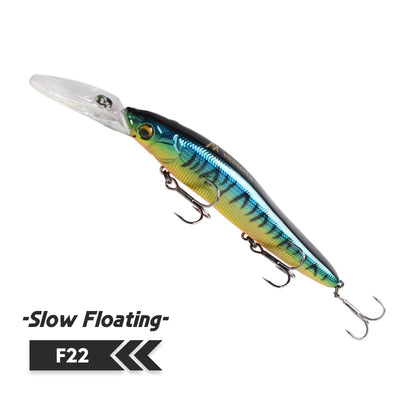 Minnow fishing lure, blue and yellow with green head, clear lip, three treble hooks