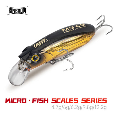Black and gold minnow-style micro fishing lure with clear lip and treble hooks