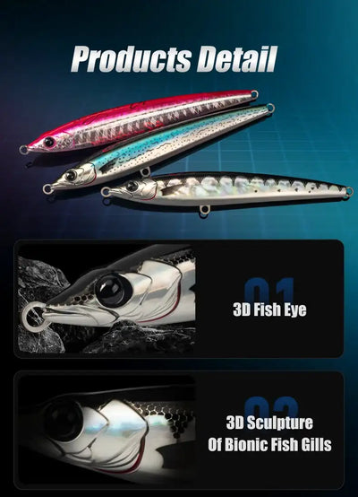 Floating pencil sea fishing lures, pink and teal bodies with front and rear hooks