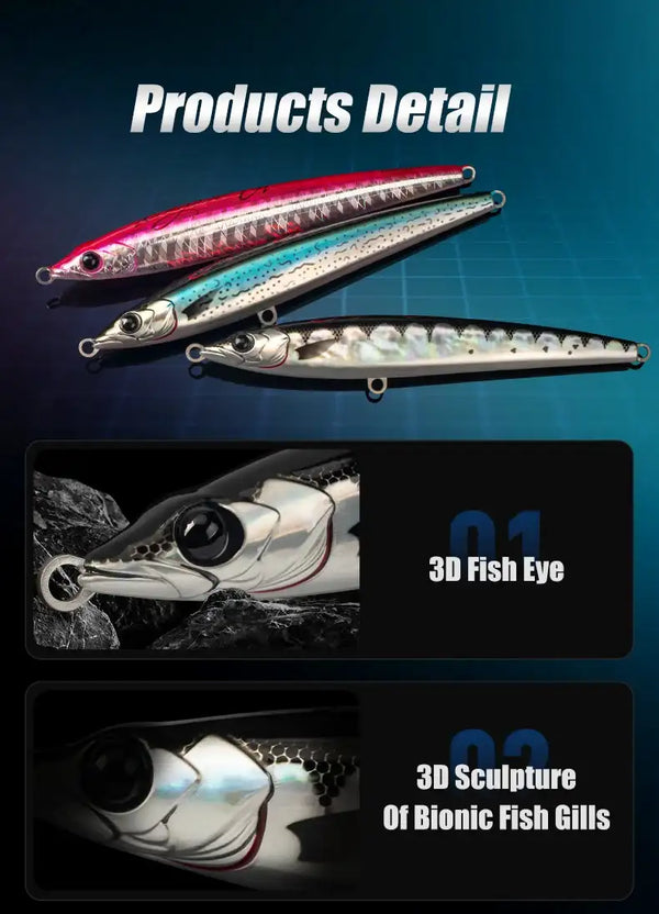 Floating pencil sea fishing lures, pink and teal bodies with front and rear hooks