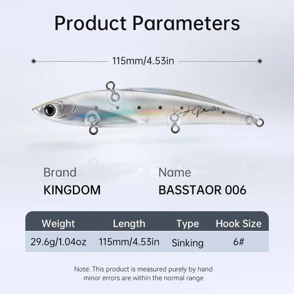 Sinking fishing lure with treble hooks, silver-blue body with dot pattern and black spots