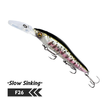 Minnow fishing lure, black and silver with pink speckles, clear lip, three treble hooks