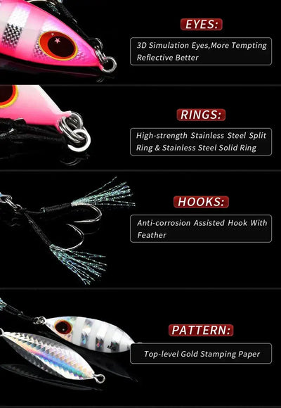 Pink metal slow jig fishing lure with painted eye, split ring, feathered treble hook