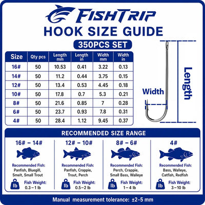 FishTrip hook size guide chart for 350-piece set