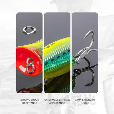 Fishing lure popper set showing red and green bodies with metal rings and treble hooks
