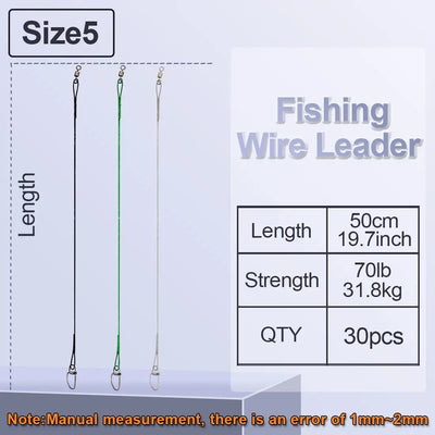 Fishing wire leader set 70lb 50cm, 30pcs, crosslock snap barrel swivels (green/black/silver)