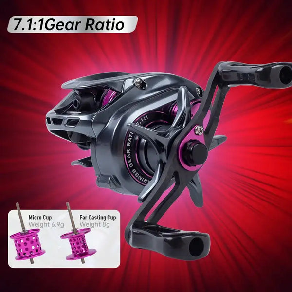 Micro baitcasting fishing reel, 7.1:1 gear ratio, dark body with pink spool