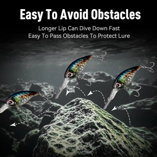 Floating crankbait lures with clear lips, red eye details, and treble hooks