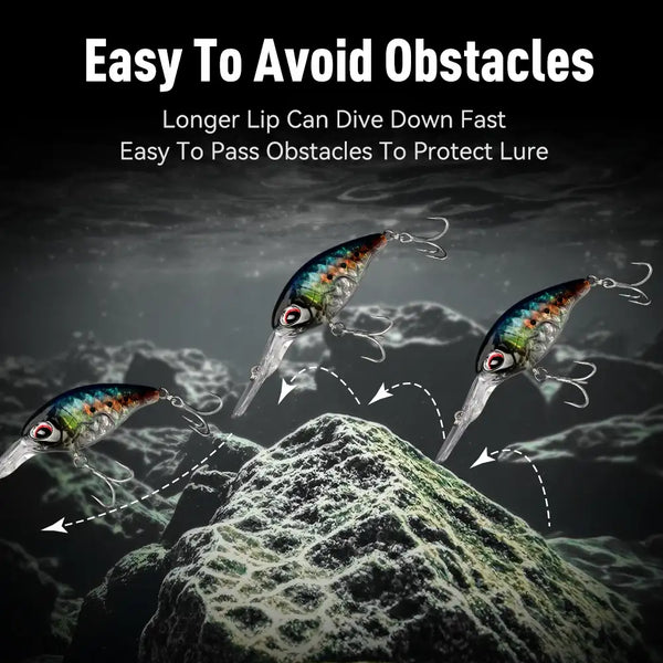 Floating crankbait lures with clear lips, red eye details, and treble hooks
