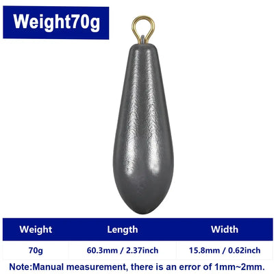 FishTrip willow leaf lead sinker, 70g, teardrop shape with brass eyelet