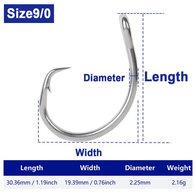 Stainless steel circle fishing hook, Size 9/0, saltwater heavy duty