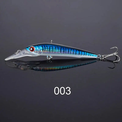 Trolling minnow fishing lure, metallic blue with black stripes, red eye, clear lip, 2 treble hooks