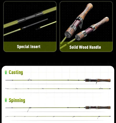 Ultralight fishing rod with lime green blank and wooden handle with dark reel seat