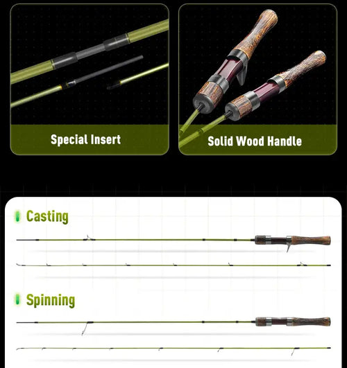 Ultralight fishing rod with lime green blank and wooden handle with dark reel seat