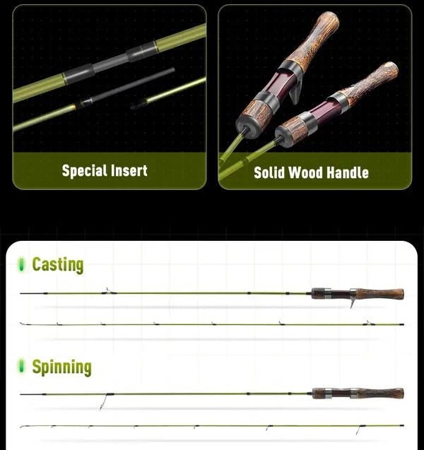 Ultralight fishing rod with lime green blank and wooden handle with dark reel seat