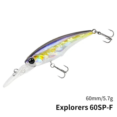 Suspending minnow lure, white and silver with blue stripe and black eye, 60mm treble hooks.