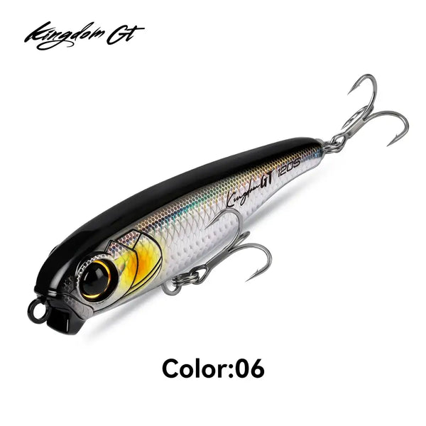 Pencil fishing lure in white-and-black, gold eye, and two treble hooks