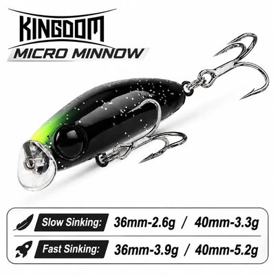 Plastic micro minnow fishing lure, black and green-speckled body with treble hooks