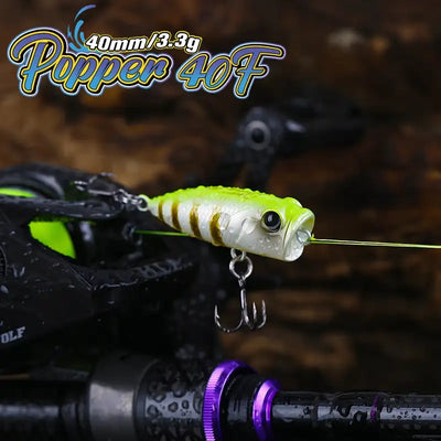 Tsurinoya CATCHER 40F topwater popper lure, lime green and white body with treble hooks