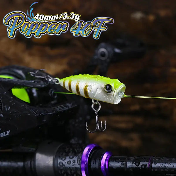 Tsurinoya CATCHER 40F topwater popper lure, lime green and white body with treble hooks
