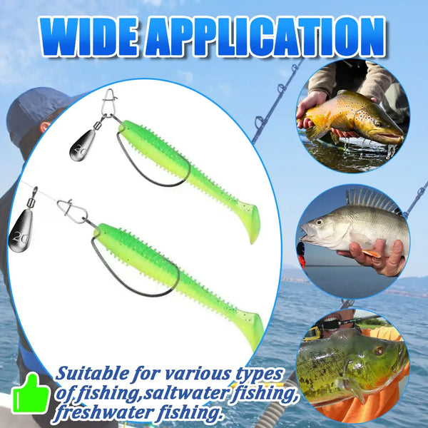 Two metal lead sinkers with swivels attached to green soft lures