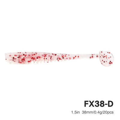 Soft plastic worm lure, white body with red speckles and round flared head