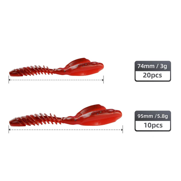 Red shrimp-style silicone worm lures, two sizes