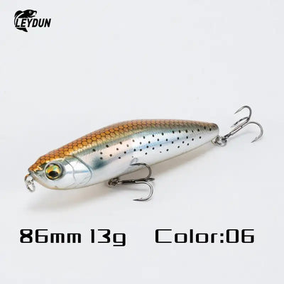 Leydun z-claw floating pencil stickbait 86mm silver and orange spotted hard-bodied topwater lure with three treble hooks